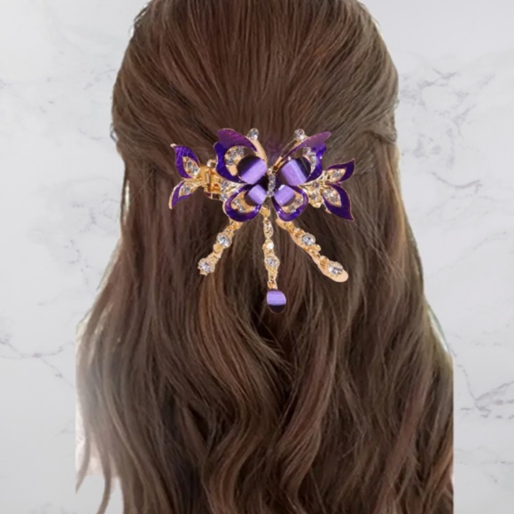 Purple Butterfly Hair Clip with Clear Rhinestones, Tassel and Glitter - NWT - Picture 2 of 6